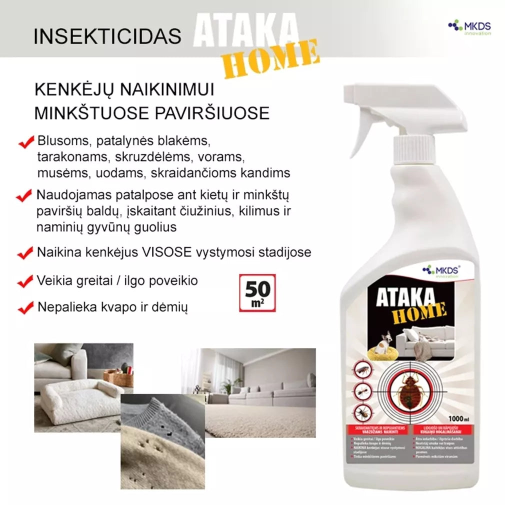Ataka HOME insecticid pentru eliminarea insectelor din covoare, saltele, 1L