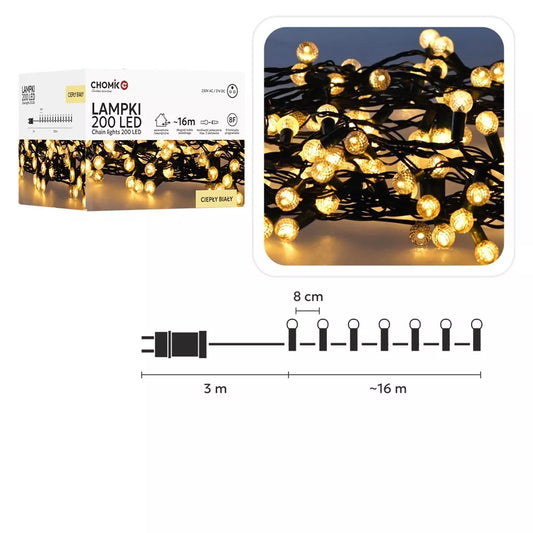 Ghirlandă LED „Cherry Ball”, 200 LED, alb cald, 16 m