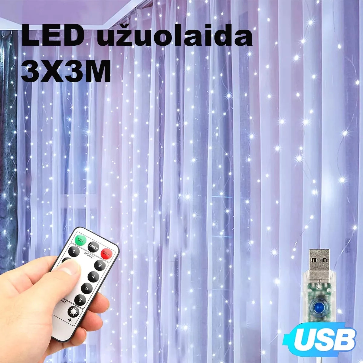 Cortină LED USB - Ghirlandă, alb rece