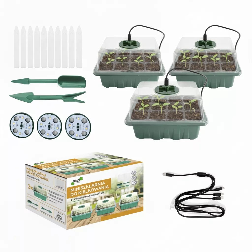 Set mini seră pentru germinare cu iluminare LED – 3 buc.