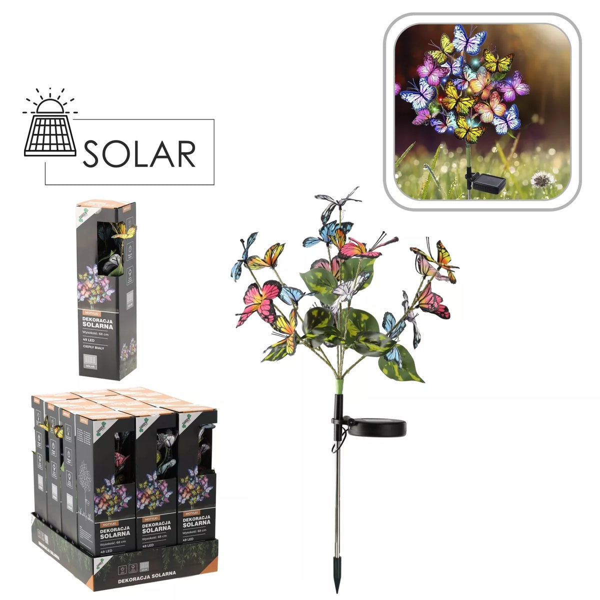 Decorațiune de grădină alimentată cu energie solară cu fluturi LED, 68 cm