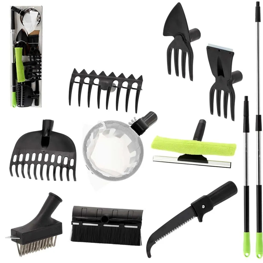 Set de unelte de grădină, 10 piese, cu mâner telescopic