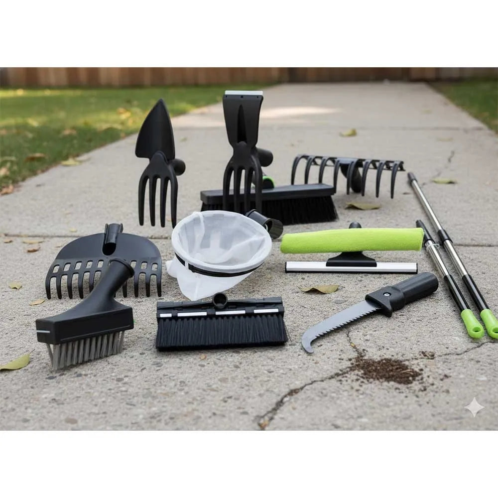 Set de unelte de grădină, 10 piese, cu mâner telescopic