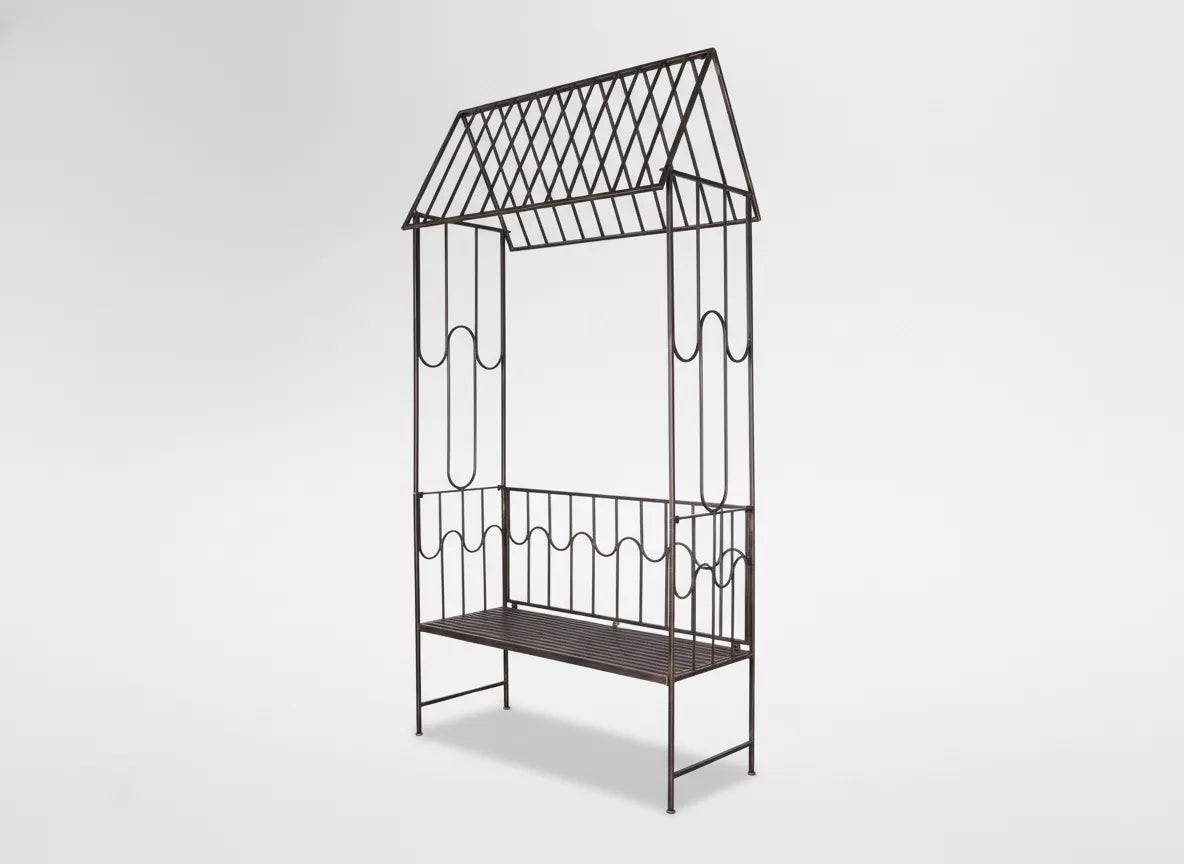 Pergolă de grădină cu bancă, culoare maro antic, metalică