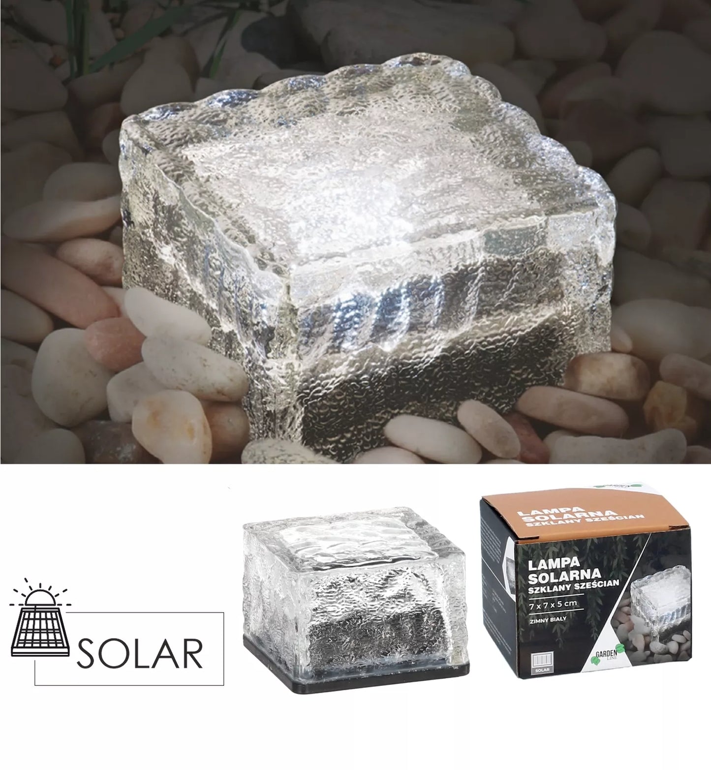 Lampă solară din sticlă – cub 7 × 7 × 5 cm, LED alb rece